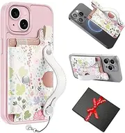 TrsmVise for MagSafe Wallet,Magnetic Wallet for iPhone 13-16 Series,Ultra-Slim Card Holder with Movable Leather Strap-Stand,Hold 3 Cards,Stylish Women’s Floral Style&Snap Closure,RFID Blocking, Pink