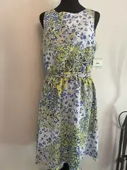 New Ann Klein dress 8 Floral Blue Yellow White ruffle chiffon fit & flare