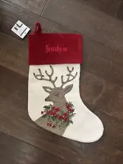 New Pottery Barn Crewel Icon Deer Stag Embroidered Christmas Stocking *Jordyn
