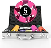 HEITOK Poker Chips with Denominations, 200-pcs 11.5g Weighted Numbered Casino Chips Set, 5 Dice, 2 Decks with Compact Aluminum Case for Texas Hold'em, Blackjack