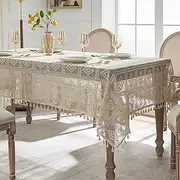 Tootop Bohemian Cotton Linen Geometric Tablecloth Plaid, Crochet Vintage Beige Fringe Rectangle Tablecloth for Kitchen Dining, Party, Holiday, Festival, Buffet (60 "x86) Beige