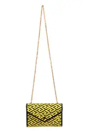 Versace Women's Leather & Canvas Logo Print Gold Chain Strap Shoulder Bag