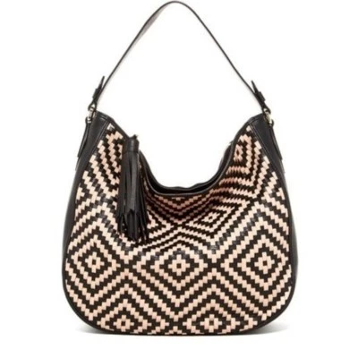 Cole Haan Skylar Woven Vachetta Leather Hobo NWT Black Cream $398