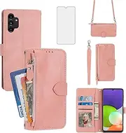 [Asuwish] Mobile Phone Case for Samsung Galaxy A14 4G/A 14 5G/M14 Case with Strap, Film, Protective Film, Card Slot, Foldable, Leather, Wallet, Stand, 14A LTE Mobile Phone Cases, Protective Wallet Cover
