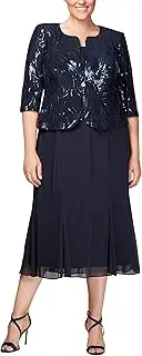 [Alex Evenings] Women's Plus Size Tea Length Button-Front Jacket Dress