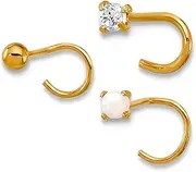 [JewelryWeb] 2.3mm 14k Solid Yellow Gold Cubic Zirconia Simulated Opal and Ball Nose Post Set Stud Earring for Women