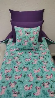 4pc Axolotl Purple Bedding Set Handmade for 18" Doll Reversible Blanket Pillows