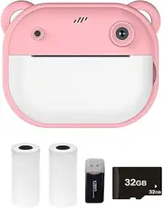 Oimzzr Kid Camera Children 1080P Digital Camera Thermal Print with 2.4Inch IPS Screen P Selfie Video Auto Focus with 32G ry Card + Card Reader 2 Rolls Print Paper Birthday Girls Boys P-2