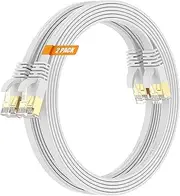 Surplay Cat7 2-Pack 15FT Ethernet Cable,White-10Gbps Network Flat Patch Cord,Shielded & Ground Wire Ultra Slim Gold-Plated RJ45 Cat 7 LAN Line with Cable-Tie for Router,NAS,Cat6A