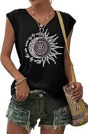 [PLMOKEN] Tank Top Women's Summer T-Shirt - Sleeveless Blouse Shirt V Neck Blouses Cecil Tops Offset Printed Top