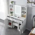 Dressing Table Stool Set Makeup Mirror with LED Light Strip Storage Cabinet Desk
