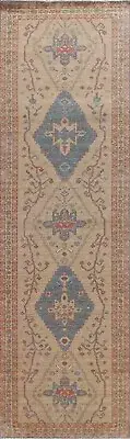 Beige/ Light Blue Heriz Serapi Turkish Runner 3'x12' Rug Handmade Wool Carpet