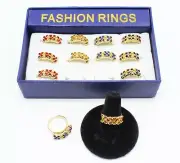 Dozen Gold Rhinestone Adjustable Rings in Display Box #R2002-12