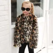 Winter Girls Kids Faux Fox Fur Leopard Print Short Coat Children Outwear Warm Sz