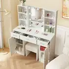 Dressing Table Dresser Makeup Vanity Table Stool Set with Mirror&LED Light White