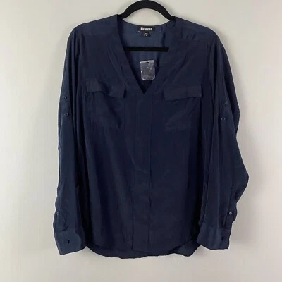 Express Blouse Size Medium Navy Blue Popover Long Roll Tab Sleeve