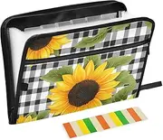 Quteprint 13 Pockets Expanding File Folder with Zipper Closure, Floral Sunflowers Plaid Pattern Accordion File Folder with Sticky Labels, Letter Size A4 Papers Expandable File Document Organizer