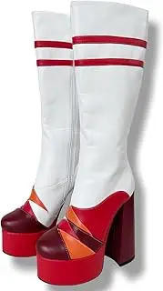 [Frankie Hsu] Ladies Sexy Chunky Platform Knee High Heeled Boots, White Red Pitch Cute Wide Calf Big Large Size US5-19 Shoes For Hot Girl