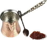 Turkish Coffee Pot and Copper Spoon Set - 9 Oz Thick 2mm Antique Copper Looking - Stove top Coffee Maker Cezve with Copper Handle & Copper Spoon - for 3 People