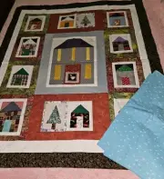 Unfinished Houses Patchwork Quilt Top Batiks Etc 55"x 45" & 2 Yrds Stars Fabric