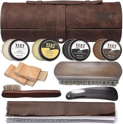YUET 13PCS Shoe Polish Care Kit Leather Boot Shine Set w/Travel Case, Brush, Clo