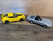2 NEW WELLY DIECAST CORVETTE CHEVROLET 1/34 CAR TOY YELLOW SILVER PULL BACK GO
