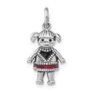 Sterling Silver Polished & Antiqued Red Black Enamel Girl Charm