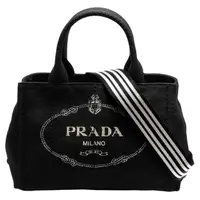 在飛比找momo購物網優惠-【PRADA 普拉達】CANAPA金色三角LOGO帆布縫線造