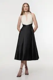 Taffeta Contrast Tux Tailored Full Skirted Shirt Dress