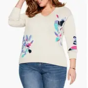 $168 Nic + Zoe Plus 2XL Blooming V-Neck Sweater Taupe Pink Floral Flowers NWT