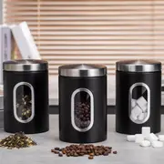 3pcs Tea Coffee Sugar Canisters Storage Set Kitchen Jars Containers Metal Black