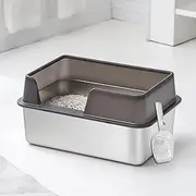 Stainless Steel Cat Litter Boxes, Extra Large Metal Litter Pan, Splash Proof Open Top High Side Litter Pan with Scoop, Easy Cleaning Odorless, Increased (Large Black)
