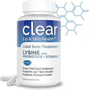Clear Probiotics Daily Lip Sore Health, Immune Support | Lysine Cold Formula Supports Prevention and Promotes Clear Lips, 12 Billion CFU's, Probiotic + Prebiotic with Vitamin C (60 Capsules)