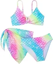 [TiaoBug] Kids Girls 3 Pieces Bikini Set Swimsuit with Skirt Fish Scales Swimsuit Summer Beach Bathing Suit