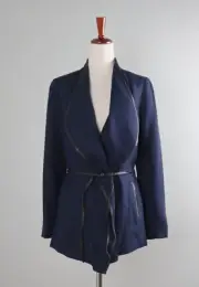 VINCE NWT $385 Leather Trim Draped Belted Navy Wrap Jacket Top Size 4