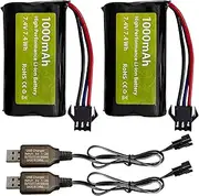 2PCS 7.4V 1000mAh 2S Li-ion Battery with SM-3P Plug and USB Charging Cable Suitable for DE82 TK3086B G20601 RC Car TK-3082B Stunt Flip Car Battery C60 Truck Battery