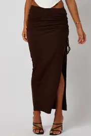 Brown Maxi Skirt Side Split Ribbed - Size 8, Women's Maxi Skirt