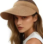[Pleneal] Sun Visor Hats for Women, Wide Brim Straw Beach Ponytail Hats, UPF 50+ Summer Adjustable Packable Foldable Topless Hat