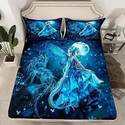Western Dragon Kids Fitted Sheet Full Size,Butterfly Stars Moonlight Bedding Set,Girls Boys Room Decor,Castle Tale Princess Style Bed Cover,Blue Romantic Bed Sheet,2 Pillowcases