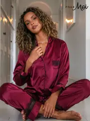 Pour Moi Dark Red Dark Red Dusk Satin and Lace Cuban Collar Pyjama Set (AC8376) | $108