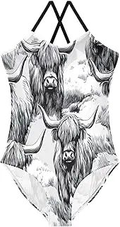 [RPLIFE] Highland Cattle Gray Swimsuits for Children Girls, Summer Beach Bathing Suits Girls, 3-10