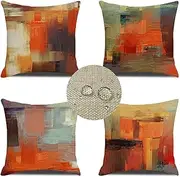 Waterproof Outdoor Cushion Covers Set of 4 12x12inch Burnt Orange Linen Square Throw Pillow Covers for Garden Patio Sofa Abstract Design Outdoor Cushions Covers 30x30cm