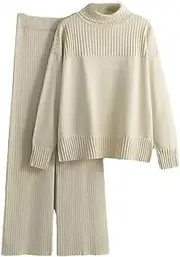 [Jegsnoe] Women Turtleneck Sweater Pullover Tops Autumn Winter Casual Knit 2 Piece Sets Loose Wide Leg Pants