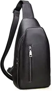 [YEHOVRIA] Men Genuine Leather Chest Bag, Crossbody Shoulder Bag Sling Bags Backpack Messenger Bag Daypack For Business Casual Sport Travel, Hiking, Cycling (Black)