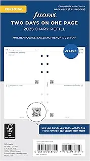 Filofax Calendar Diary Refill, Personal/Compact Size, Two Days on One Page, White Paper, Unruled, Trilingual, 2025 (C68423-25)