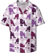 [CADREWY] Purple Poodle Polka Dot Print Men's Lightweight Stylish Classic Cuban Collar Style Short Sleeve Practical Pocket