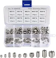 200pcs M3 M4 M5 M6 M8 Allen Head Socket Hex Grub Screw Set Cup Point Assortment Kit (Metric, 304 Stainless Steel)