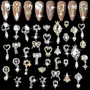 EBANKU 36 Pcs Luxury Nail Art Rhinestone, 3D Shiny Nail Art Charms Diamonds Metal Nail Jewelry Nail Beauty Design Charms Gold Silver Heart Pearl Crystal Gems for Girl Women DIY Nail Design