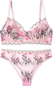[KEOYA] Women's Embroidery Bra Set 2 Pieces Sexy Lace Lingerie Set Mesh Sheer Bra with Thong