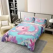 jejeloiu Cute Ocean Axolotl Duvet Cover Set 100% Cotton Twin Size Cartoon Cherry Salamander Bedding Set for Kids Boys Girls Ocean Animal Axolotl Comforter Cover Soft Quilt Set for All Season